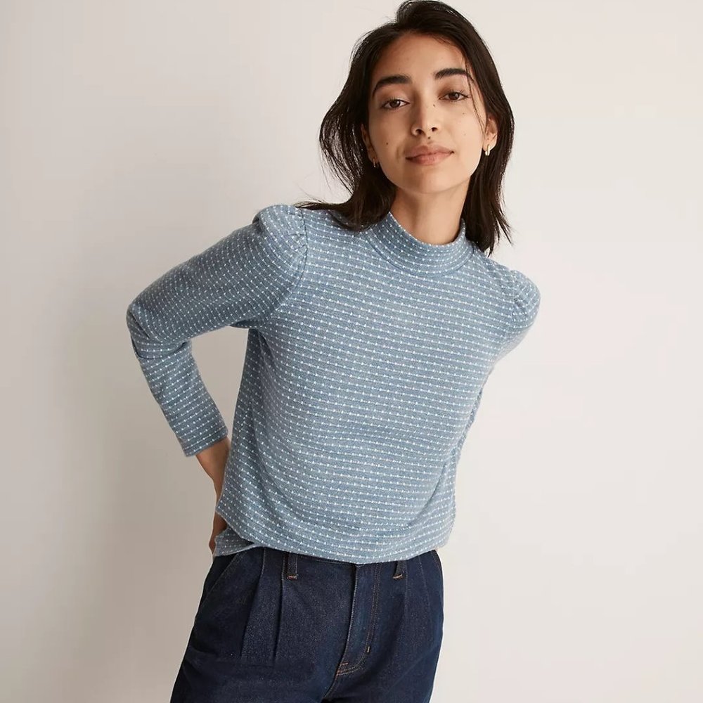 Madewell Women’s Jacquard Ticking Stripe Mock Neck Long Sleeve Sweater, Blue Med